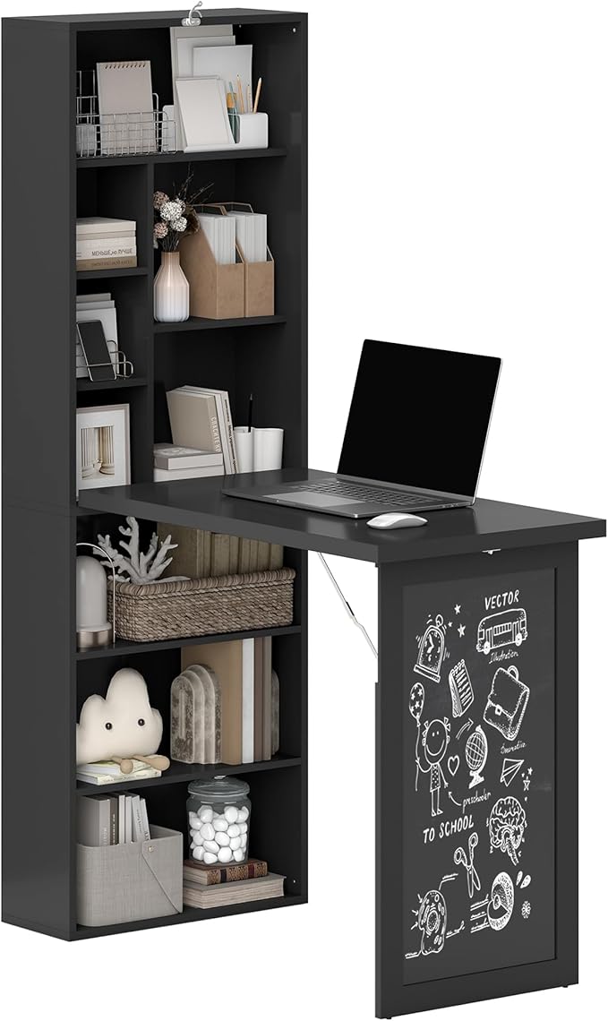 HOMCOM Foldable Convertible Writing Table, Wall Mounted Space-Saving Computer Desk with Chalkboard and Storage Shelves for Small Spaces, Home Office, Bedroom, Dorm, Apartment, Black by HOMCOM