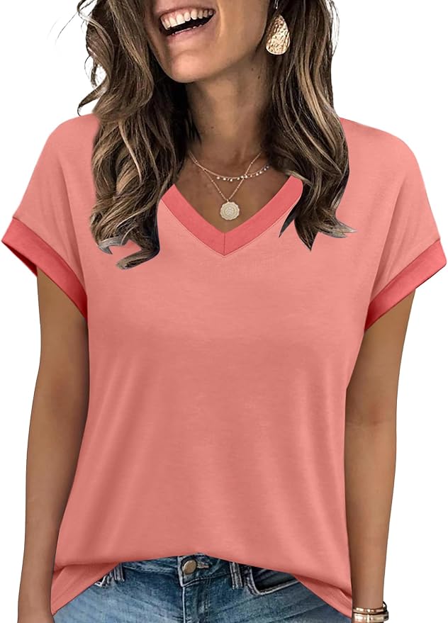 WIHOLL Womens Summer Tops 2026 Cap Short Sleeve Shirs V Neck T Shirts Fashion Beach Vacation Clothes Color Block - Image 3