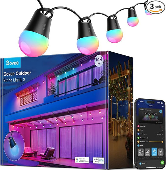 Govee Smart Outdoor String Lights 2, 144ft RGBIC Patio Lights with 45 Bulbs | Dimmable Warm White LED Bulbs, IP65 Waterproof, 47 Scene Modes for Backyard, Balcony, Work with Alexa, App Control by Unknown