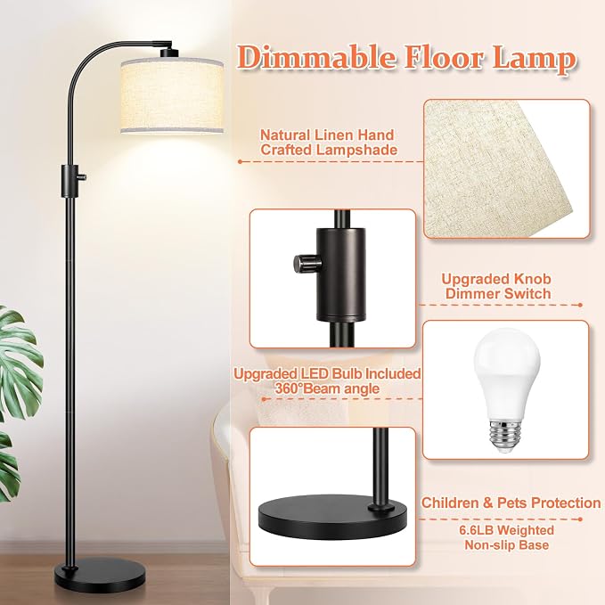 Nintiue Upgraded Modern Arc Dimmable Tall Standing Floor Lamp with Linen Shade, 1200 Lumens LED Bulb Included, for Living & Reading Room, Bedroom, Office & Nursery, Matte Black - Image 4