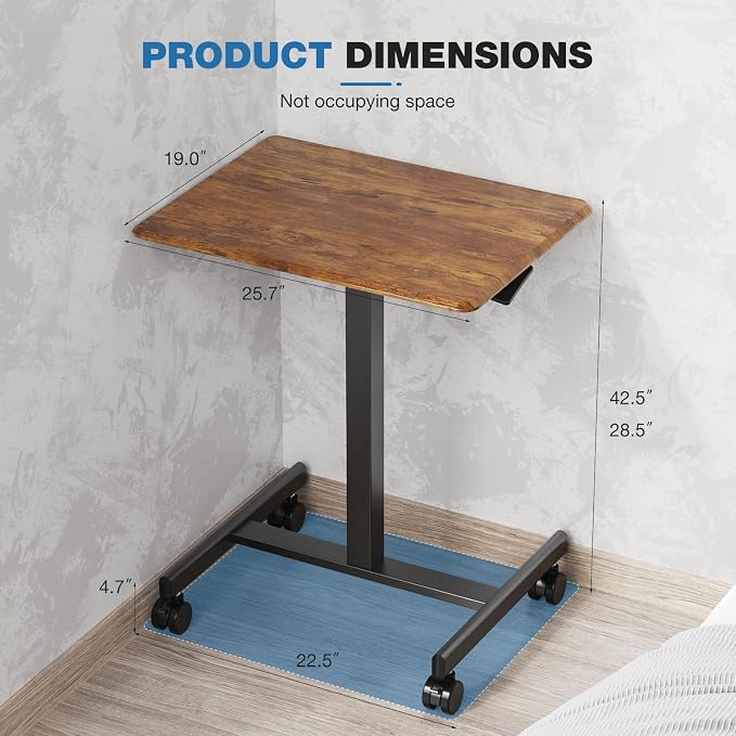 DUMOS Mobile Rolling Desk with Wheels Adjustable Height | Small Standing Desks Portable Laptop PC Table, Computer Workstation for Home Office Small Space, Modern Brown - Image 3