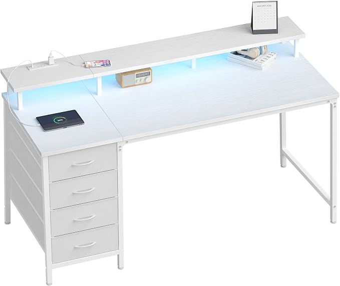 DUMOS 47-Inch Gaming Desk with Power Outlets and LED Lights, White | Computer Desk with 4 Storage Drawers, Home Office Desk with Monitor Stand, Small Desk for Bedroom Study by DumosLifestyle