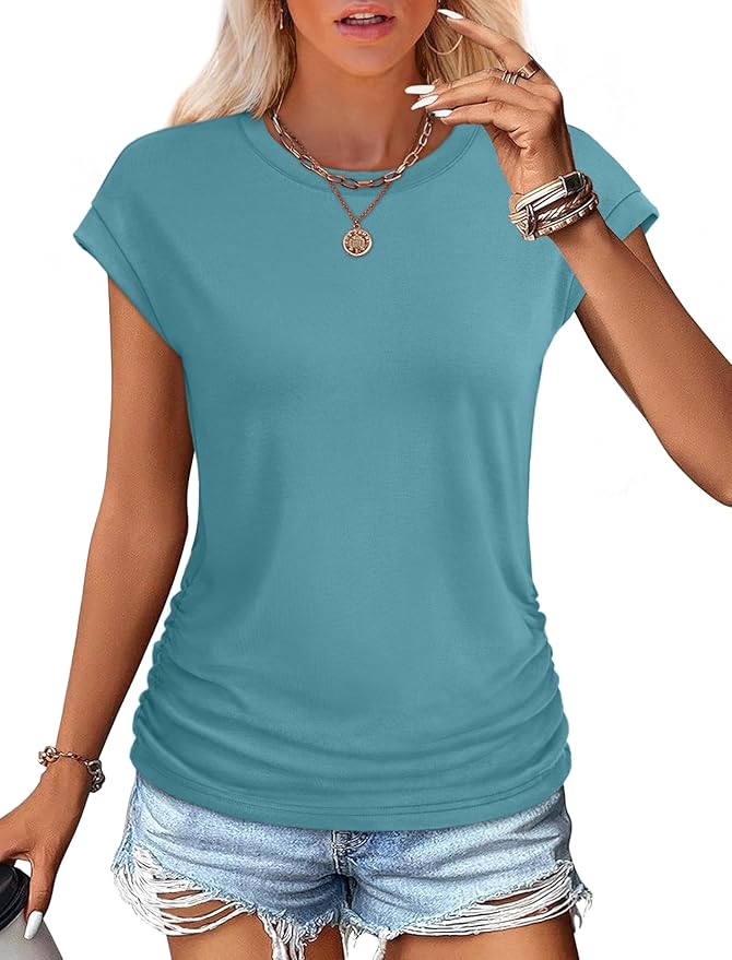 Sampeel Womens Summer Tops Trendy 2026 Ruched Cap Short Sleeve Tshirts Shirts Crew Neck T Shirts Fashion - Image 2