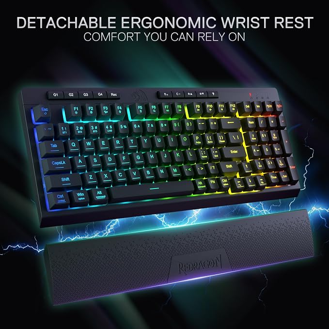Redragon K515 PRO Shiva RGB Wireless Membrane Gaming Keyboard, 98 Keys Mechanical-Feel Keyboard w/Smooth Linear Switch, On-Board Macro & Multimedia Keys, Detachable Wrist Rest, Software Supported - Image 4