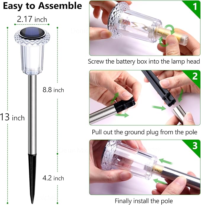 DenicMic Solar Pathway Lights Outdoor Waterproof Cold White LED 15 Pack | Yard Garden Driveway Walkway Landscape Path Lights, Starburst Pattern, Acrylic Diamond-like Lampshade Stainless Steel Pole - Image 4