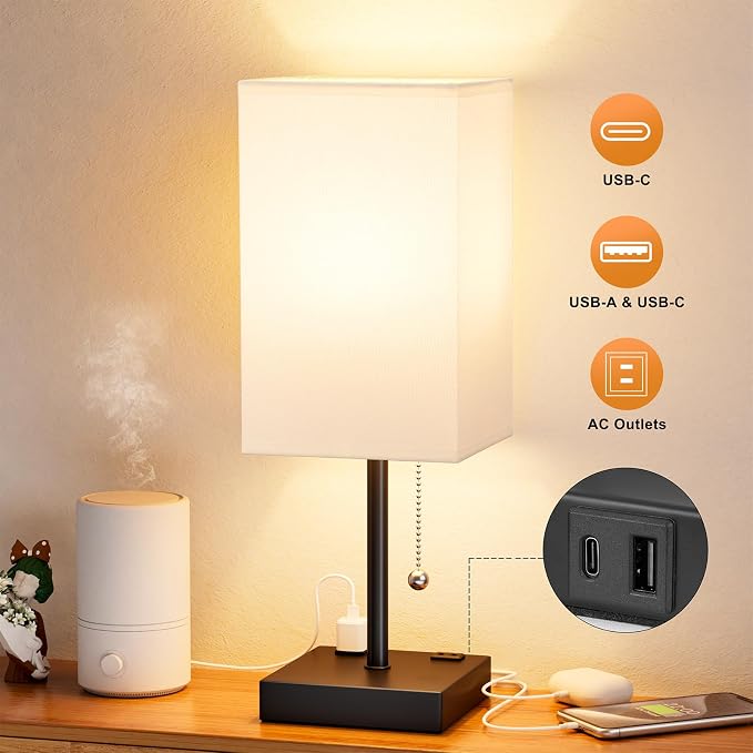 Bedside Lamp for Bedroom - 3 Color Temperatures, USB A+C, 2 AC Outlets | Pull Chain Switch, LED Bulb Included, White Fabric Shade, 17.4" Table Lamp for Nightstand, Desk, Living Room, Office - Image 4