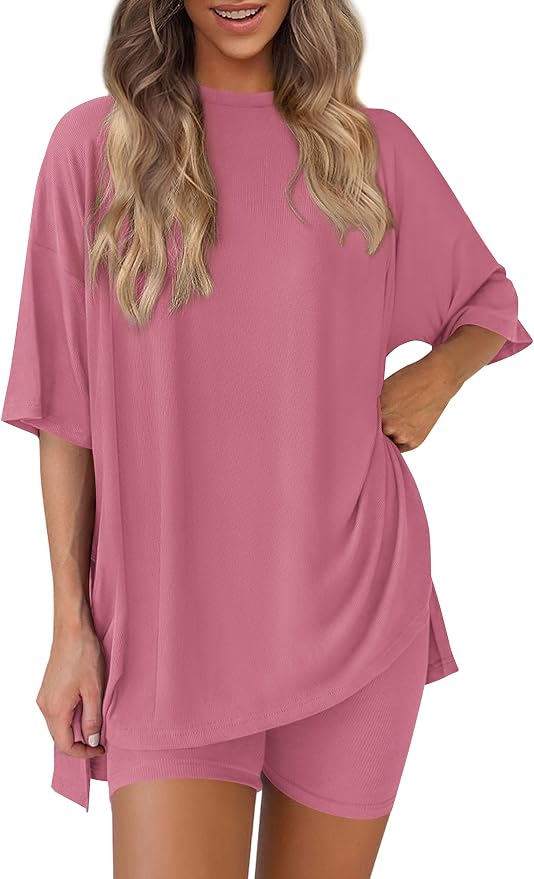 PRETTYGARDEN Women 2 Piece Lounge Set 2026 Summer Casual Oversized Shirts Biker Shorts Matching Airport Travel Outfit Clothes by PRETTYGARDEN
