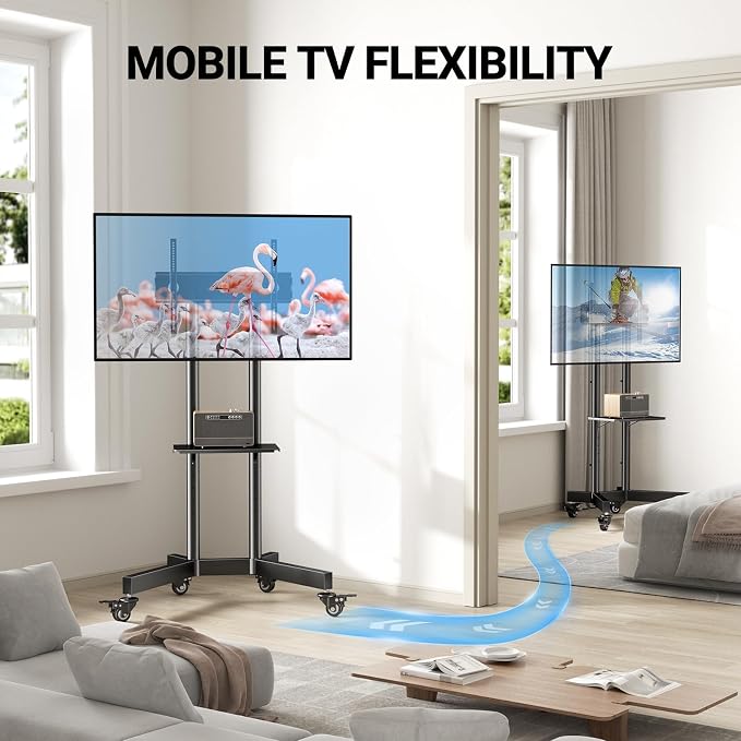 PERLESMITH Rolling TV Stand with Lockable Wheels for 32-86 Inch TVs Holds up to 132 Lbs, Height Adjustable Mobile TV Stand on Wheels with Laptop Shelf, Rolling Tv Cart Max VESA 600x400mm PSTVMC01 - Image 5