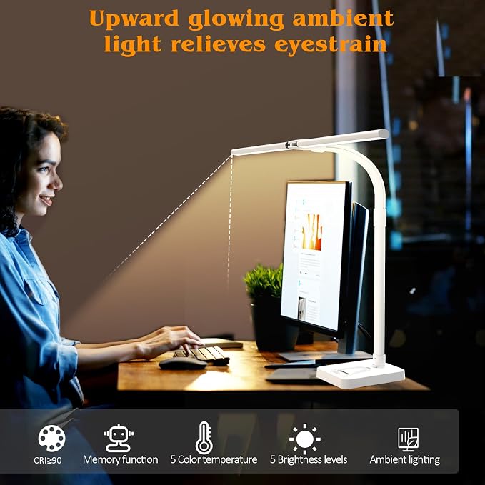 AKRRYR Led Desk Lamp for Home Office,24W Bright Eye-Caring Desk Light with Base,5 Brightness and 5 temperatures Dimmable Workbench Task Light, Adjustable Gooseneck Table Lamp for Monitor(White) - Image 7