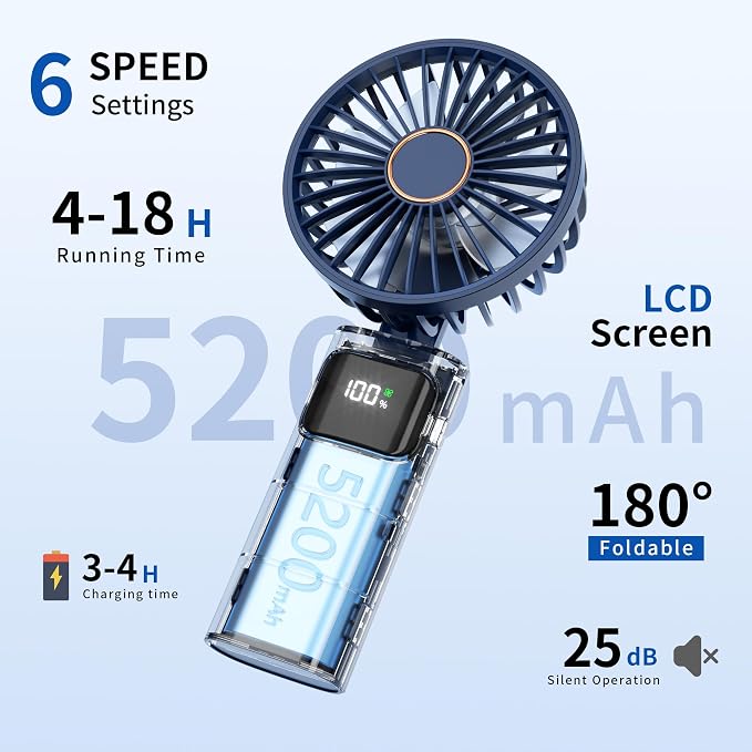 Portable Handheld Fan, USB Rechargeable Foldable Mini Personal Fan, 5200mAh, 180 Adjustable, 6 Speed Wind, 3 IN 1 Hand Cooling Desk Fan with LED Display for Home Office School Outdoor Travel, Blue - Image 2