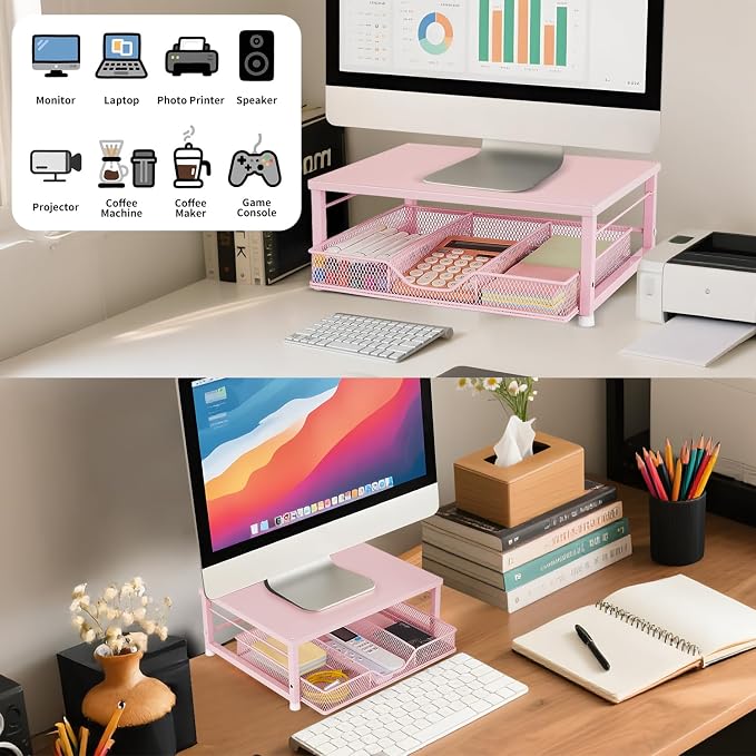 Small Pink Laptop Stand for Desk, Monitor Stand, Office Desk Accessories, Computer Desktop Stand with Drawer for Home, Office, School (Pink) - Image 3