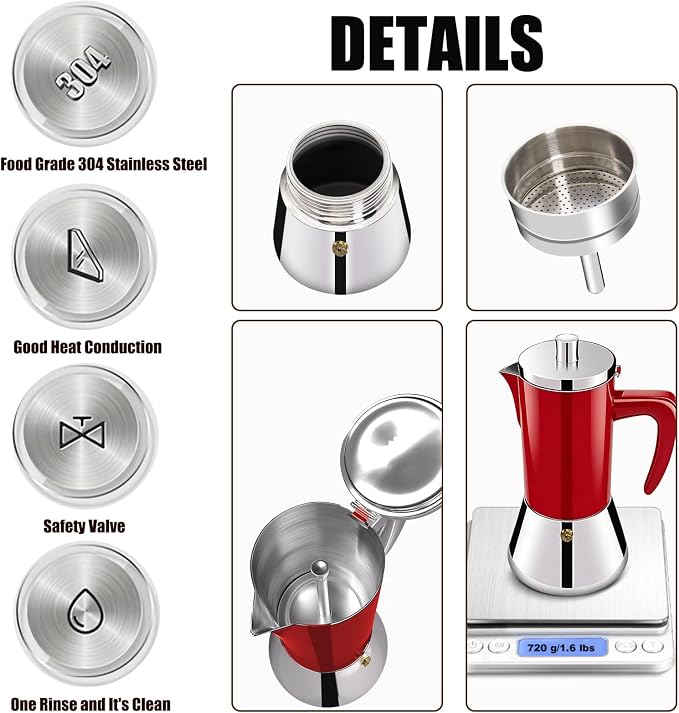 6 Cup Thickened 304 Stainless Steel Moka Pot Stovetop Espresso Maker Cafeteras Italian Percolator Espress Makers Capable Greca Mocha Coffee Machine for Induction Home and Camping 300ml 10oz - Image 7