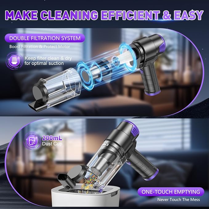 KMM Handheld Car Vacuum Cleaner, 16000PA Air Duster & Vacuum Cleaner, 120W High Power Hand Held Vacuum Cordless, Portable Vacuum Rechargeable with Multi-Nozzles & LED Light for Car, Home, Pet, Office - Image 5
