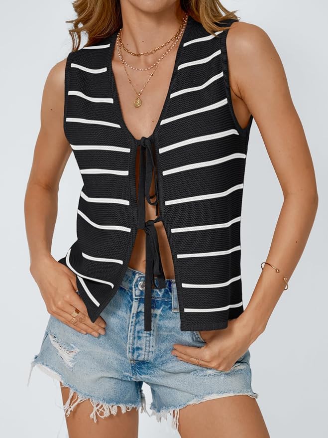 LILLUSORY Womens Tie Front Tops Vacation Sweater Vest | Bohemian Style, Beach Resort Wear, Concert Western Outfits, Crochet Tops, Vacation Outfits, Cute Y2k Sleeveless 2026 - Image 2