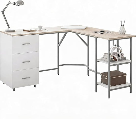 Techni Mobili 59" Two-Tone L‑Shaped Office Desk with Storage Shelves, Sand | 59" two‑tone L‑shaped desk with storage shelves, durable frame, modern corner workstation, spacious home office writing space by TechniMobili