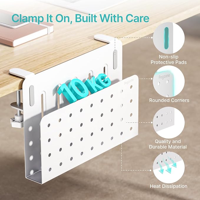 PEGZONE Desk Side Storage Organizer, Fits Flat Edge 0.4" to 2.2", White | No Drill Under Desk Laptop Holder, Clamp on Desks Shelf with Pegboard Accessories, Hanging Laptop Mount - Image 4