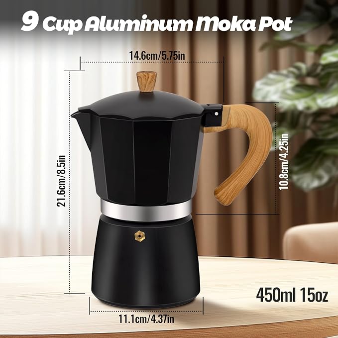 9 Cup Aluminum Moka Pot Classic Stovetop Espresso Coffee Maker 450ml 15oz Coffeemaker Percolator Mocha Pot Greca Coffee Maker Cafe Makers for Italian and Cuban Café Brewing Black - Image 2