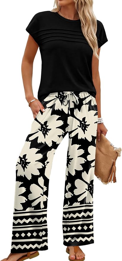 WIHOLL Two Piece Set for Women Summer Spring Outfits Matching Sets Women Clothing Airport Travel Vacation Wide Leg Pants - Image 2