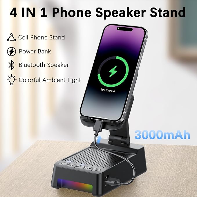 Wireless Induction Speaker 5-in-1 Bluetooth Speaker with Phone Stand, Father's Day Present, Stereo Sound 8 RGB Ambient Light, 360° Rotation Adjustable Desktop Stand for iOS Android - Image 5