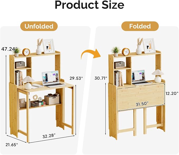 Folding Desk with Bookshelf, Compact Foldable Desk for Small Spaces,Natural | Bamboo Computer Desk with Storage Shelf, Space-Saving Home Office Desk with Hutch for Bedroom, Dorm, Apartment - Image 6