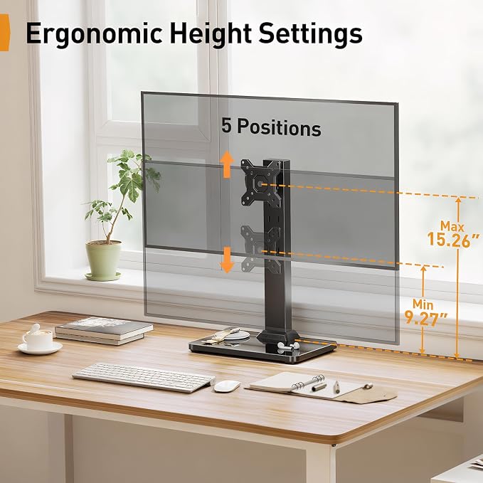 Perlegear Single Monitor Stand for 13–34 inch Screens up to 44 lbs | Heavy-duty steel, swivel, tool-free tilt, 360° rotation, 5 height settings, cable management, max VESA 100x100mm, home office - Image 5