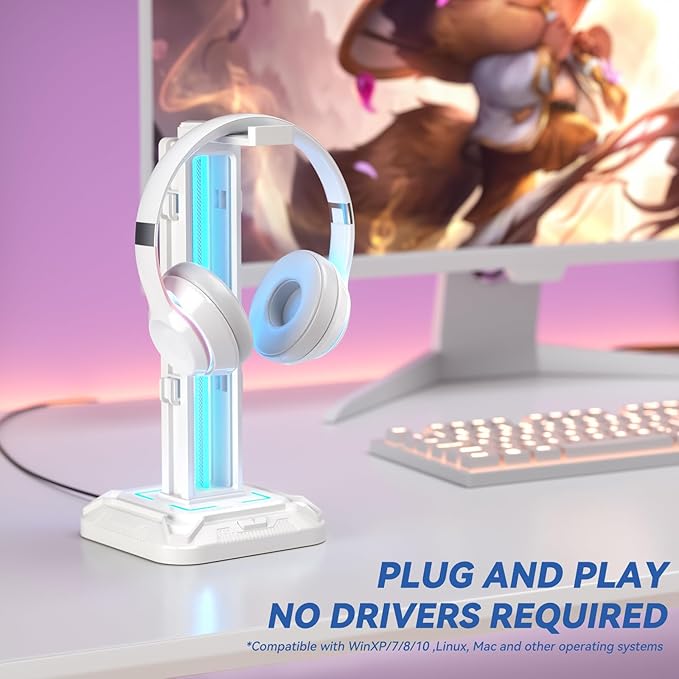 KDD RGB Headset Stand with 9 Light Modes - Controller Holder for Desk - Rotatable Headphone Stand & Detachable Controller Hook for PC Earphone Accessories(White) - Image 3