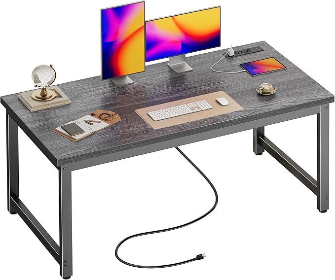 Huuger 55 x 24 inch Desk with Power Outlets & USB-C, Deeper & Thicker Desktop, Robust Metal Tubes, Computer Desk, Heavy Duty Office Desk, Work Gaming Desk for Home Office, Grey by Huuger
