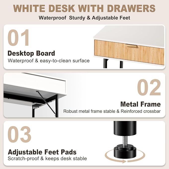 INNOD 45 Inch White Desk with Drawers, Small Writing Desks for Bedroom, Fluted Cute Desk with Storage for Vanity, Wood Computer Table for Living Room Small Spaces Home Office Study - Image 6