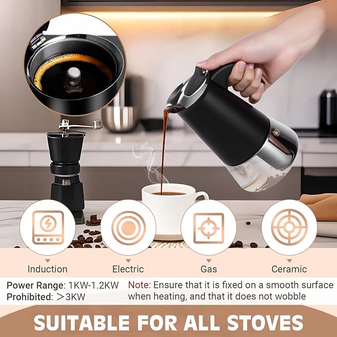 4 Cup Stainless Steel Moka Pot, 200ml Stovetop Espresso Maker, Black - Image 5