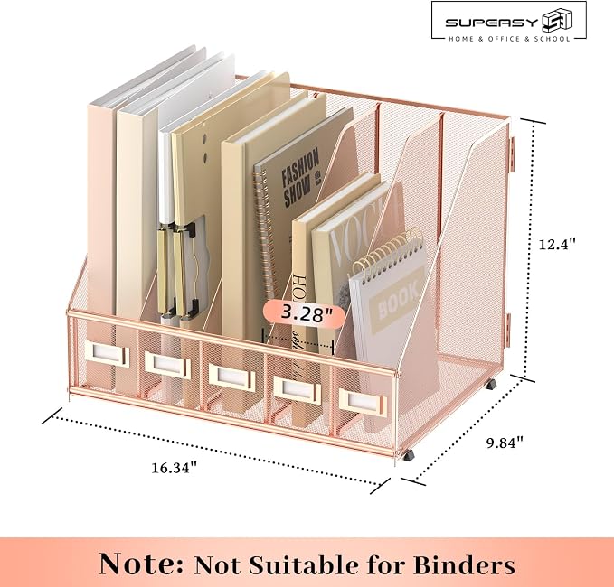 SUPEASY Desk Organizers Metal Desk Magazine File Holder with 5 Vertical Compartments Rack File Organizer for Office Desktop, Home Workspace, Rose Gold - Image 3
