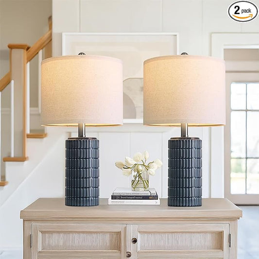 PoKat 20.75" Small Blue Table Lamps, Farmhouse Bedside Lamps for Bedroom Set of 2, Ceramic End Table Lamps for Night Stands Living Room, Modern Nightstand Desk Lamps, Dark Blue by Pokat