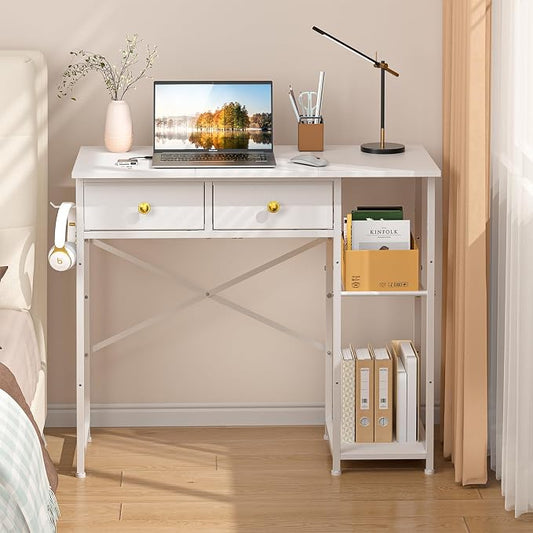DAOUTIME White Computer Desk, 36 Inch Small Desk with Drawers, Home Office Desk with Storage Shelves for Bedroom, Living Room, Dorm, Vanity Desk for Small Spaces, White by DAOUTIME
