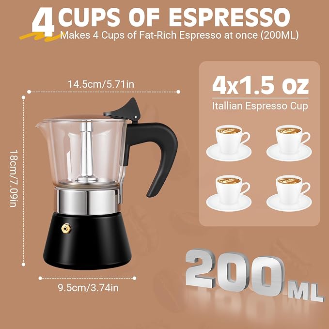 4 Cup 200ml Glass Moka Pot, Stovetop Espresso Maker, Black | Crystal Glass-top & Stainless Steel Coffee Maker, Induction Compatible, for Greca de Cafe, Cuban and Italian Coffee Brewing - Image 5