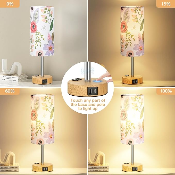Fenmzee Floral Touch Lamp for Bedroom- 3 Way Dimmable Bedside Lamp USB C A Charging Ports and AC Outlet, Small Table Lamp Floral Linen Lampshade for Gift, LED Bulb Included - Image 2