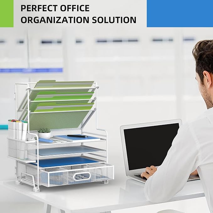 MINDEPOT 4-Tier Paper Organizer + 3-Pocket File Holder + Drawer + Pen Holders, Desktop File Organizers Paper Tray for Office Supplies School Classroom Organization (White, with Drawer & Pen Holder) - Image 5