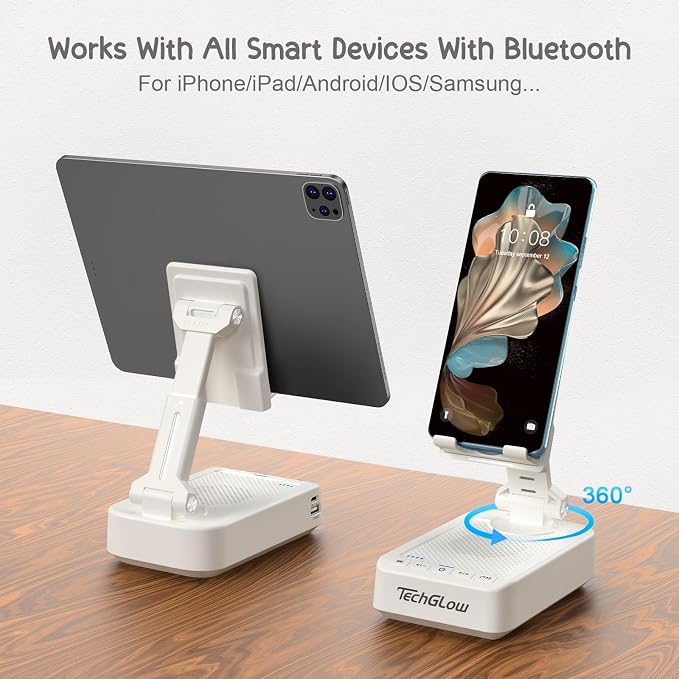 TechGlow Gifts for Men Women Foldable Cellphone Stand with Bluetooth Speaker Charging Function 360° Rotatable Phone Stand Birthday Gift Idea for Mom Dad Cool Tech Gifts-White - Image 5