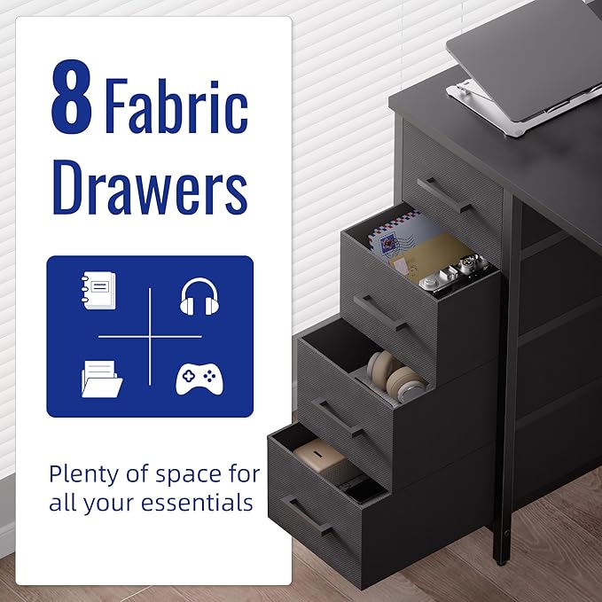 Pamray 47 Inch Computer Desk with 8 Fabric Drawers for Home Office Work | Ample Storage, Space-Saving, Suitable for Home Office Bedrooms Dorm Living Rooms for Study, Writing, Work - Image 4