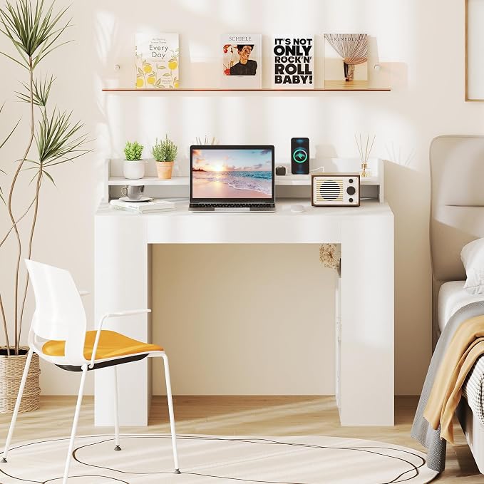 Giantex White Desk with Storage Shelves, 43" Home Office Computer Desk with Charging Station, Dual 3 Tier Bookshelf & Monitor Stand, PC Table Workstation, Modern Study Writing Desk for Bedroom, Dorm - Image 9
