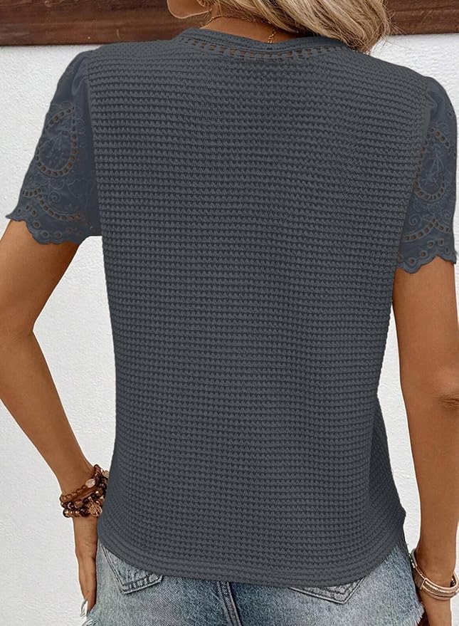 SHEWIN Womens Frenchy Summer Tops Crewneck Short Sleeve T Shirts Casual Waffle Knit Jacquard Blouses Top Shirts - Image 2