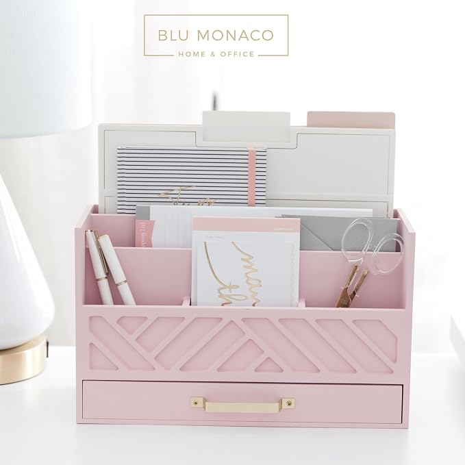 BLU MONACO | Pink Desk Organizers Wooden Mail Organizer with Drawer | Mail Sorter Organizer Countertop Gold Handle | Desk Organizers and Accessories Pink Office Storage - Image 5