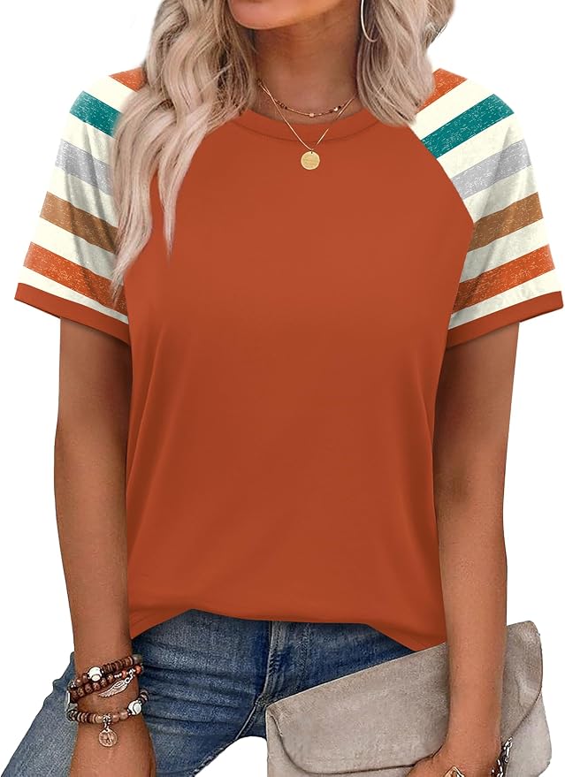 WIHOLL Womens Summer Tops Color Block Short Sleeve Raglan Shirts Spring Fashion Clothes Vacation Outfits - Image 2