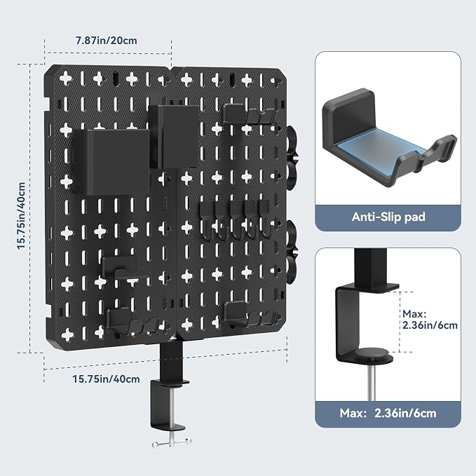 KDD 7 in 1 Clamp-on Desk Pegboard - No Drill Desk Side Storage with Phone Stand/Pen Holder/Storage Box/Headset & Controller Holder/Hooks, Detachable Gaming Pegboard for Office & Home Desktop Organizer - Image 6