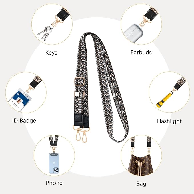 MoKo Universal Phone Lanyard, Braided Adjustable Cell Phone Crossbody Strap Detachable Women & Men Cellphone Lanyards Around The Neck with Patches for iPhone, Most Smartphones, Black & Gray - Image 3