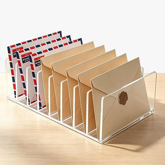 8 Compartments Clear Acrylic Mail Holder – Vertical Letter Sorter & Multifunction Desk Organizer for Bills, Documents, Notebooks – Modern Office/Home Envelope File Rack by AIMOLLYACRYLICSTORAGE