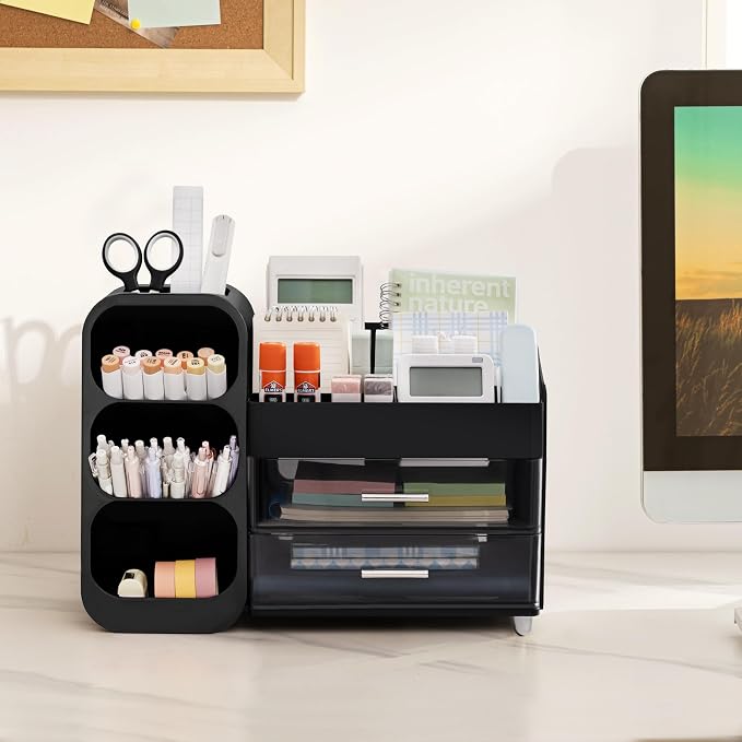 HBlife Desk Organizer with Pen Pencil Holder for Desk, Pen Organizer with 2 Drawers, Desk Organizers and Accessories with 4 Compartments, Desktop Storage for Office Home School Art Supplies, Black - Image 3