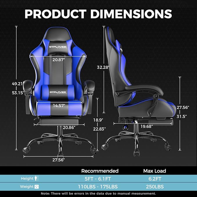 GTPLAYER Gaming Chair, Computer Chair with Footrest and Lumbar Support, Height Adjustable Game Chair with 360°-Swivel Seat and Headrest and for Office or Gaming (Faux Leather, Blue) - Image 3