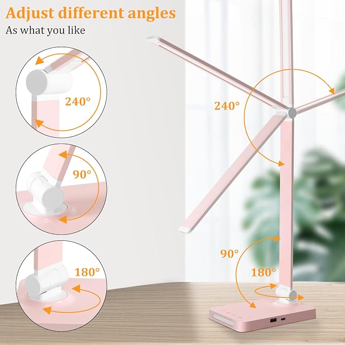 LED Desk Lamp with USB Ports,Touch Desk Lamps for Home Office with 5 Modes | 3 Brightness Desk Light with Small Night Light,Reading Lamp Table Lamp for Bedroom Bedside Study Pink （with adapter） - Image 6