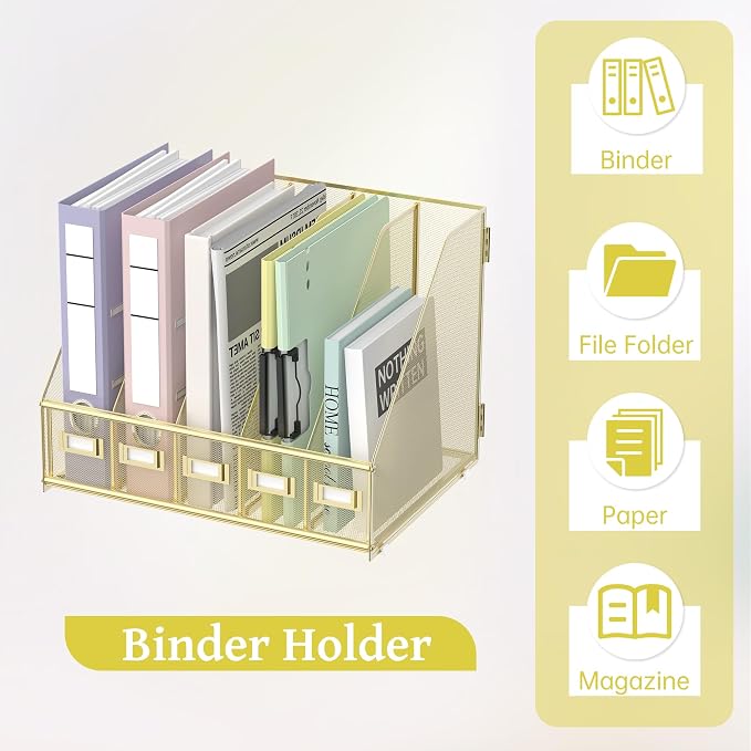 SUPEASY Desk Organizers Metal Desk Magazine File Holder with 5 Vertical Compartments Rack File Organizer for Office Desktop, Home Workspace, Gold Plus - Image 6