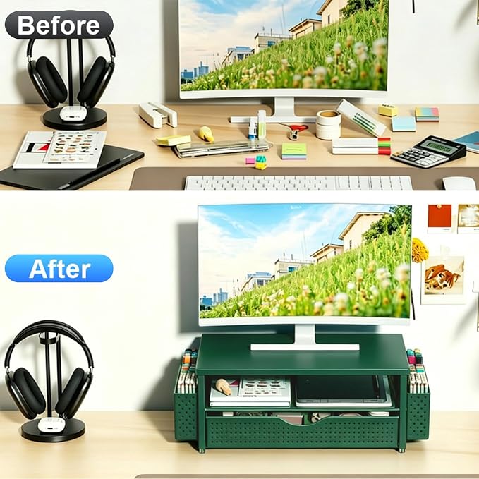 Spacrea Desk Organizer and Accessories, Computer Monitor Stand Riser with Drawer and 2 Pen Holders, Office Desk Accessories & Workspace Organizers for Office Supplies (Dark Green) - Image 2