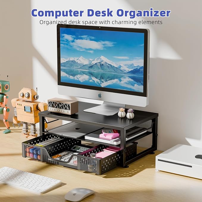 Simple Trending Monitor Stand Riser with Drawer, Black for Home Office | Metal 2-Tier Monitor Stand with Hidden Drawer | Ergonomic Neck Support | Desk Organizer | Space Saving | Fast Setup - Image 2